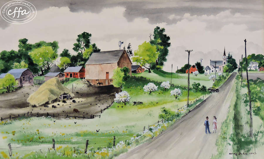 Central Florida Fine Art offering Adolf Dehn, Minnesota Farm, 22 x 28 watercolor. Painting is in excellent condition.