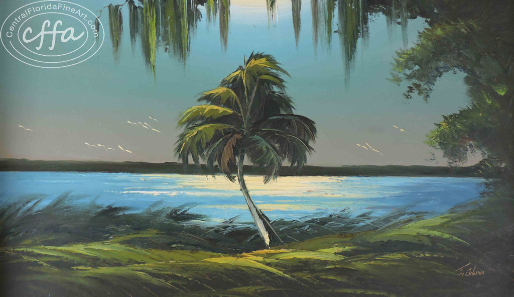 James Gibson: (1938 - 2017)  Among his many awards is the 2005 Florida Ambassador Art Award.  Two of Gibson's brilliant landscapes were featured in Steven Spielberg’s film, Catch Me If You Can.  CentralFloridaFineArt.com, Florida Highwaymen