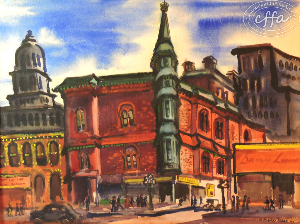 Dorothy Sklar Red Antique Building, Downtown L.A. California Watercolor, CentralFloridaFineArt.com