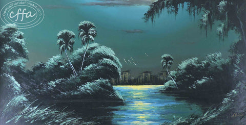 James Gibson: (1938 - 2017)  Among his many awards is the 2005 Florida Ambassador Art Award.  Two of Gibson's brilliant landscapes were featured in Steven Spielberg’s film, Catch Me If You Can.  CentralFloridaFineArt.com, Florida Highwaymen